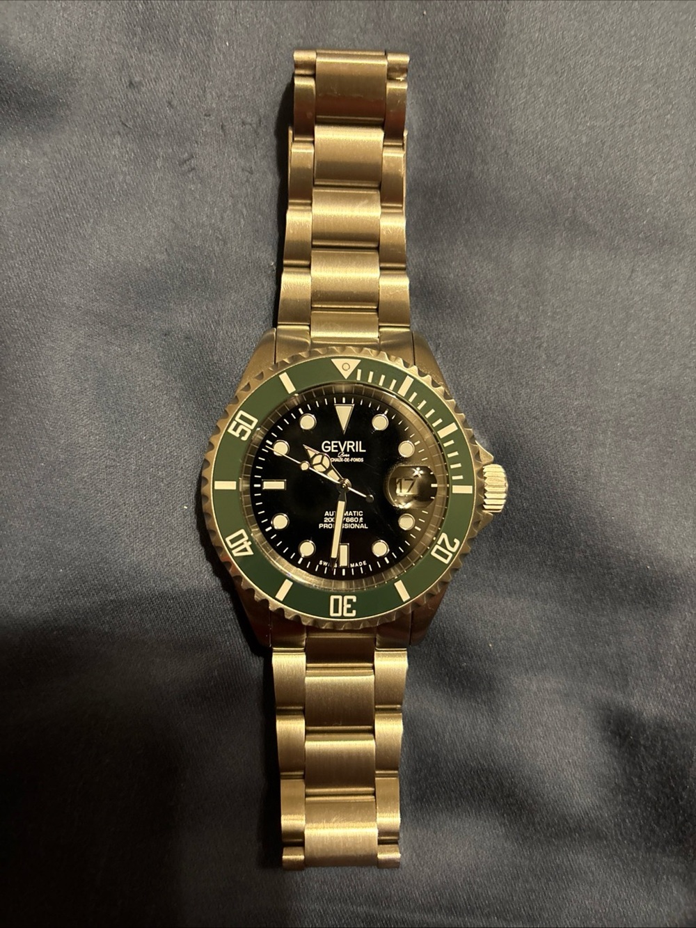 Gevril Men's Automatic Gold-Tone Watch with Black Dial and Green Bezel